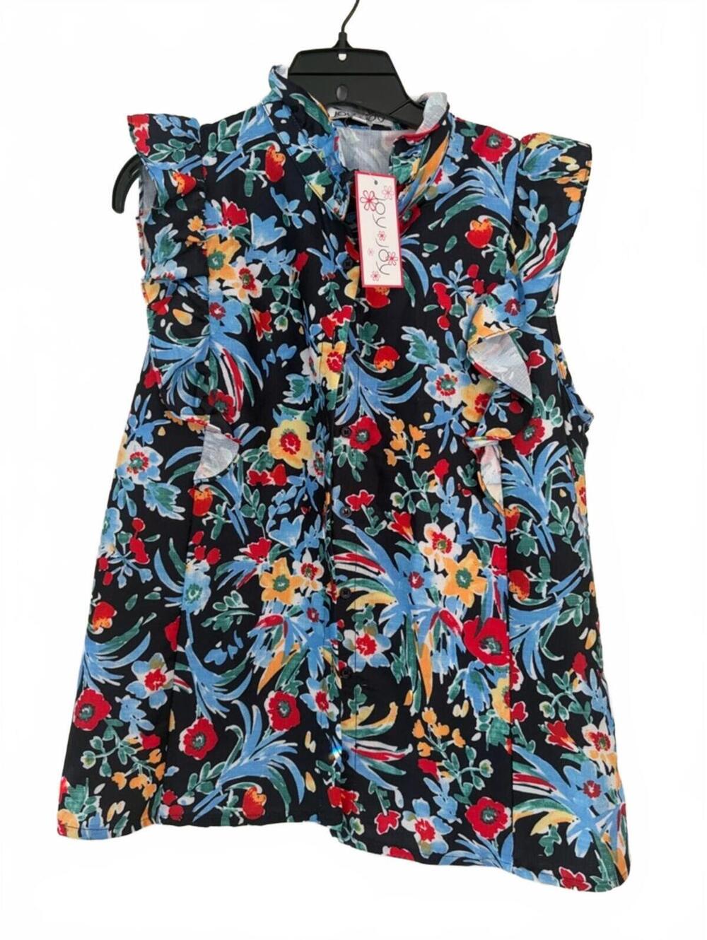 Joy Joy Navy Floral Ruffle Sleeveless Blouse Feminine Flowy Top NWT